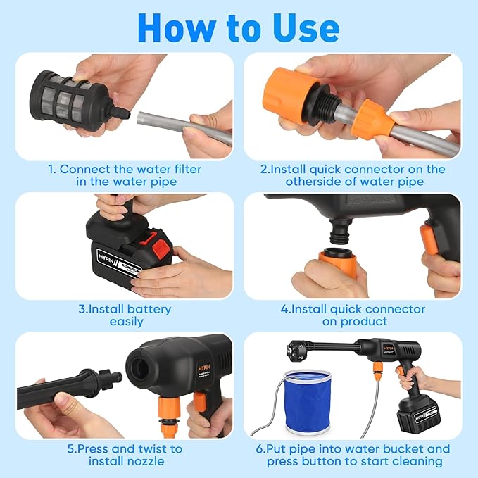 Portable Cordless Pressure Washer, 600 PSI 3.0Ah Rechargeable Battery Powered Pressure Washer, 6-in-1 Nozzle with Standard Nozzle for Car Floor Wall Fence Cleaning, Pet Cleaning