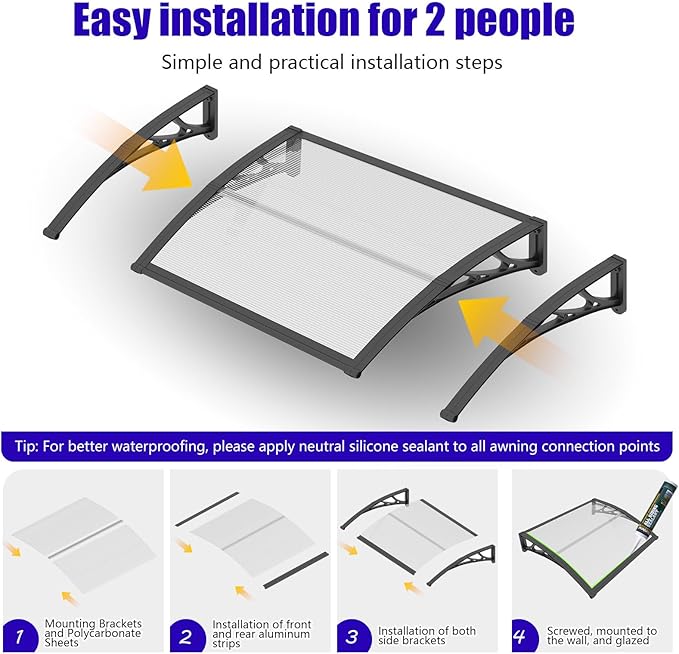 Awning for Outside, 40x48 UV-Resistant Rain and Snow-Proof House Overhang Canopy, Polycarbonate Door Awnings Exterior for Outdoor Patio, Porch, Deck, Window