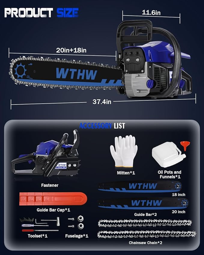 58 cc Gas Powered Chainsaw, 20 in & 18 in Quick-Switch Bars – 550 ml Fuel 260 ml Oil Tanks, Automatic Chain Oiler, Centrifugal Air Filter, Quick Start, Inertial Chain Brake (WH5806)