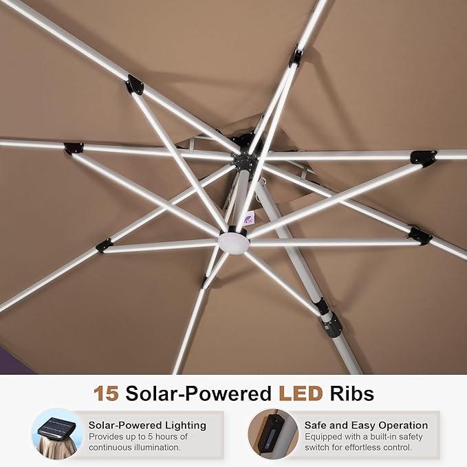 PURPLE LEAF 11 Feet Solar Powered LED Square Cantilever Umbrella With Base Patio Umbrellas Windproof Hanging Umbrella Outdoor Umbrellas Offset Umbrellas, Beige