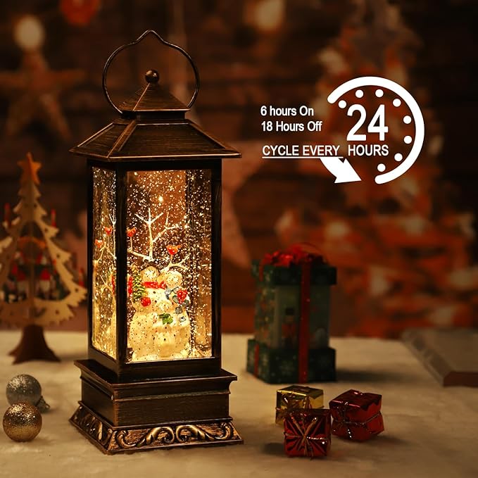 Christmas Snow Globe Lantern Christmas Decorations, Xmas Gifts Christma Vintage Home Decor Indoor,Sparkling with Music 6H Timer, Holiday Party Gifts (Snowman Family Lantern)