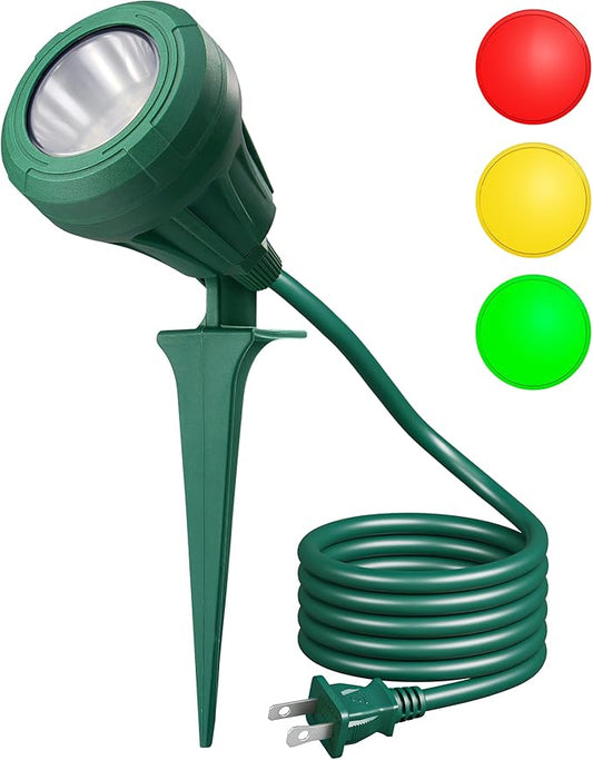 DEWENWILS Christmas 120V Spotlight Outdoor, 500LM Waterproof LED Spot Light with 3 Extra Lenses (Red Yellow Green), Landscape Lighting for Holiday, Trees, 5FT Extension Cord, UL Listed