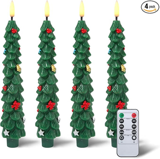 Flameless LED Christmas Tree Candles, 4 Pack – Battery Operated Holiday Decor with Realistic Tree Texture, Warm Flickering Light, Safe for Kids & Pets, Tabletop & Mantel Decorations