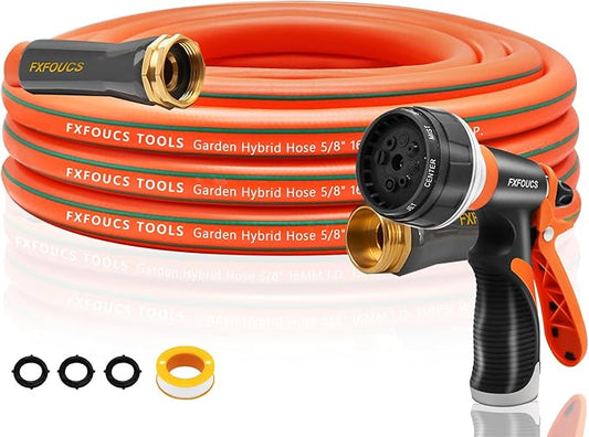 Heavy Duty Garden Hose ? 5/8 Inch Flexible, Lightweight Hybrid Hose with 600 PSI Burst Pressure, Swivel Handle, and Durable Copper Male/Female Fittings (Orange with hose sprayer, 25FT)