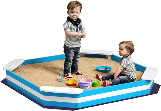 Qaba Kids Sandbox, Outdoor Wooden Sand Pit with 4 Corner Seats, Bottom Liner for Backyard, Garden, 52 x 52 x 6, Blue