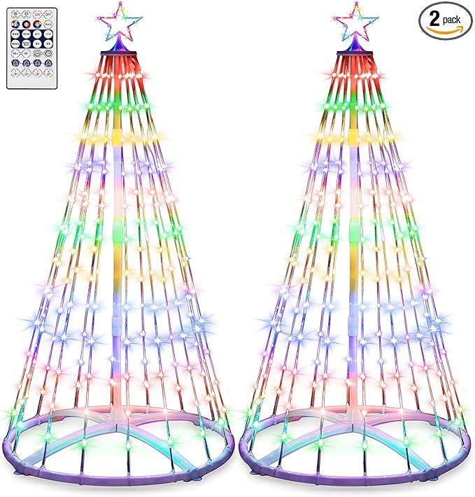 2 Pack 7FT Christmas LED Cone Tree Lights 24 Modes Color Changing with Timer Foldable Lighted Trees Waterproof Outdoor String Lights Holiday Decor for Christmas New Year Xmas Decorations