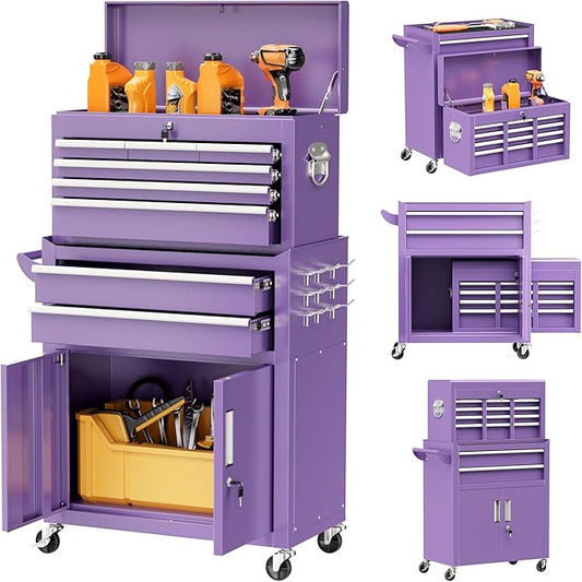 Bonusall 8 Drawer Rolling Tool Chest and Cabinet Combo,Heavy-Duty Metal Garage Tool Chest with Wheels and 2 Doors,2-in-1 Top Box and Roller Cabinet Combo for Garage, Workshop, Warehouse-Purple