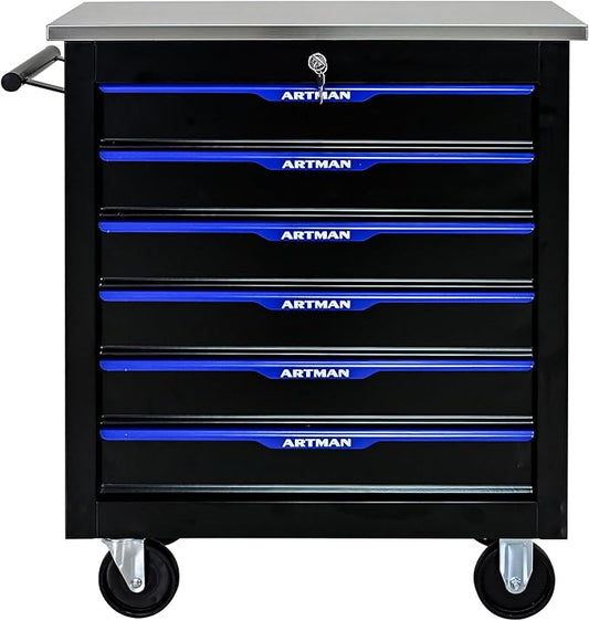 RYH 4/5/6/7 Drawers Rolling Tool Chest -Heavy Duty Mobile Metal Tool Box with Locking Wheels, with Stainless Steel Worktop, Garage Tool Storage Cabinet (Black-Blue, 6-Drawers 30.7 H¡¿25.9 W)