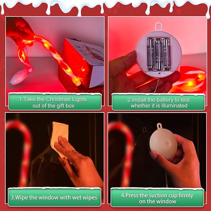 3 Pack Christmas Window Lights Decorations with Timer,Battery Powered Red Lighted Candy Cane LED String Sucker for Xmas 2026 Hanging Fireplace Window Indoor Decor