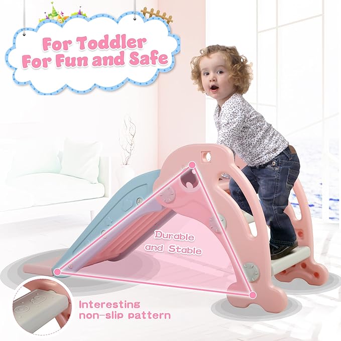 3 in 1 Toddler Slide, Baby Slide Climber Playset with Basketball Hoop and Ball, Indoor and Outdoor Playground for Kids