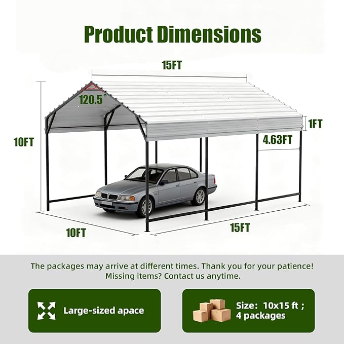 10x15 FT Metal Carport Heavy Duty Steel Roof All-Weather Multi-Use Outdoor Car Shelter Canopy for Car, Boat & Tractor