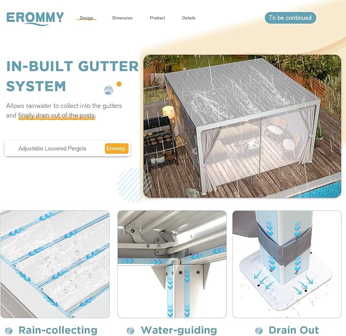 EROMMY Louvered Pergola 10' x 10' Outdoor Hard Top Pergola with Aluminum Frame and Adjustable Metal Rainproof Roof for Garden & Patio, Curtains and Netting Included, White