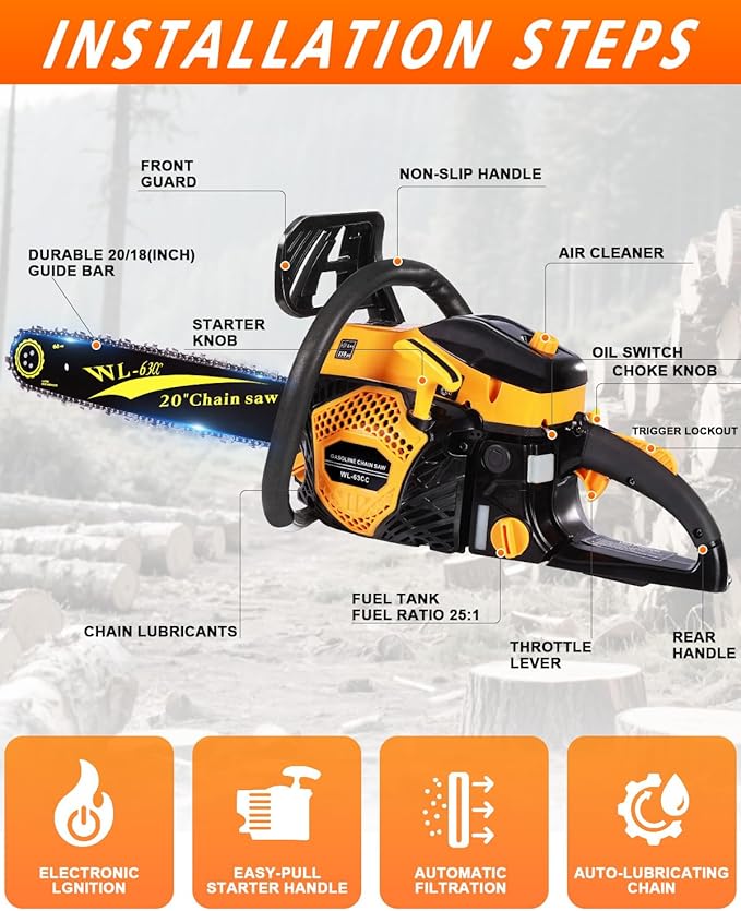 63CC Gas Powered Chainsaw 20 Inch, 2-Cycle Engine with 2 Chains & Bars, Heavy Duty Gas Chain Saw for Tree Felling, Logging, and Firewood Cutting (WTH994)