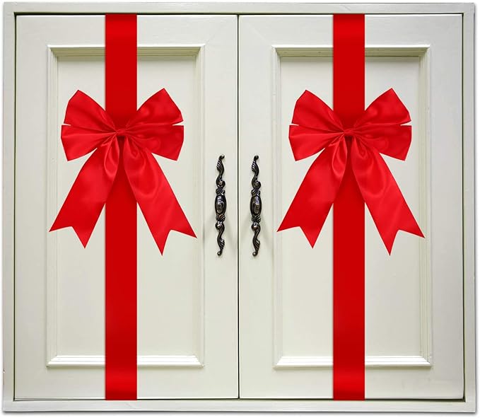 BBTO 6 Pcs Christmas Cabinet Door Red Festive Ribbons 8x40 Inches Large Bow Christmas Wreath Tree Bow Festival Wrapping Decorations for Home Fireplace Door Holiday Party Supplies