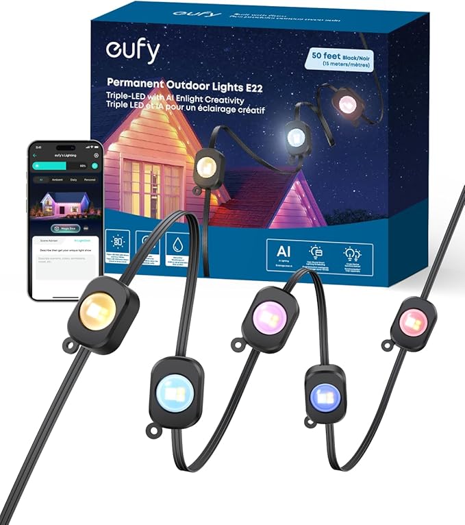 eufy Permanent Outdoor Lights E22, 50ft with 30 Triple-LED Lights, Smart RGBWW, Daily and Holiday, Up to IP67 Waterproof, AI Lighting Themes for Halloween, Christmas, Black
