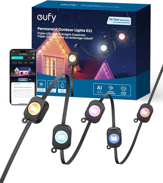 eufy Permanent Outdoor Lights E22, 50ft with 30 Triple-LED Lights, Smart RGBWW, Daily and Holiday, Up to IP67 Waterproof, AI Lighting Themes for Halloween, Christmas, Black