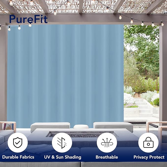 PureFit Outdoor Curtains for Patio Waterproof Weatherproof, UV Resistant Outside Curtains for Gazebo, Front Porch, Pergola, Sun Blocking Privacy Curtain, 150W x 95L inch, 1 Panel, Sky Blue