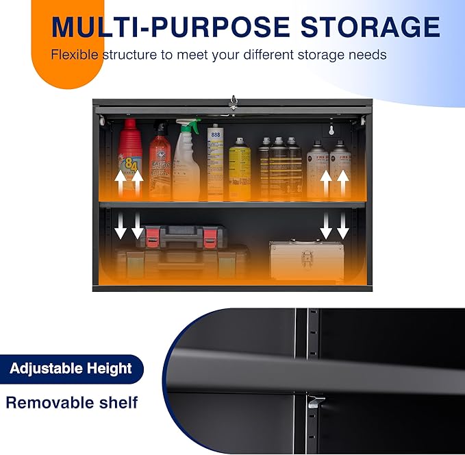Yizosh Metal Garage Wall Cabinet with Doors and Shelves, Wall Mounted Metal Storage Cabinet, Floating Garage Tool Cabinet for Garage, Basement, Kitchen, Warehouse (Black, 21.6 H)