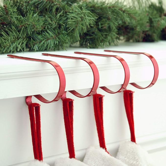 Haute Decor The Original MantleClip Stocking Holder- 4 Pack (Red) - Hang Christmas Stockings Safely and Securely from Mantels Up to 3 Inches Thick