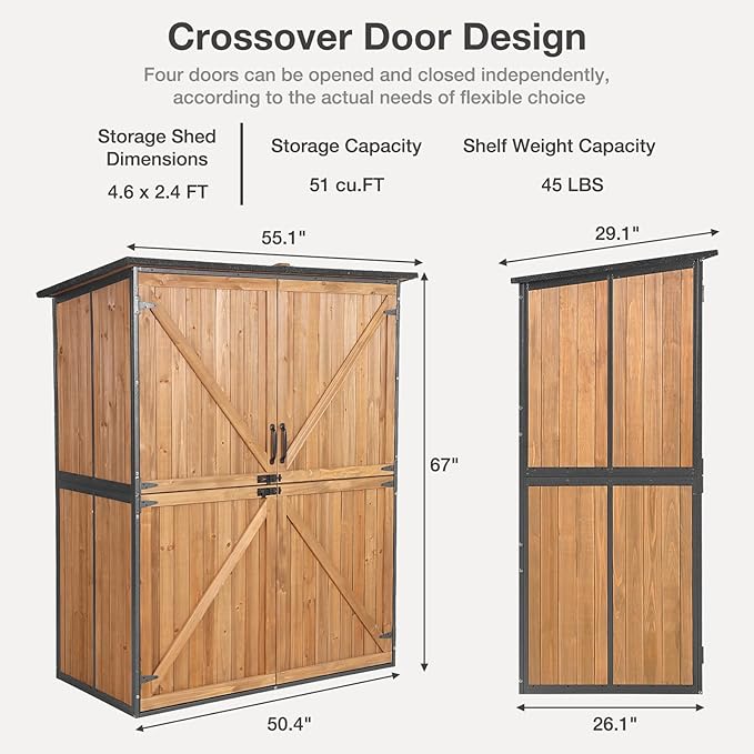 Outdoor Storage Shed with Floor - Waterproof Natural Fir Cabinet with Adjustable Shelves and Double Lock for Anti-Theft - Suitable for Storing Garden Tools, and Household Debris (Brown)
