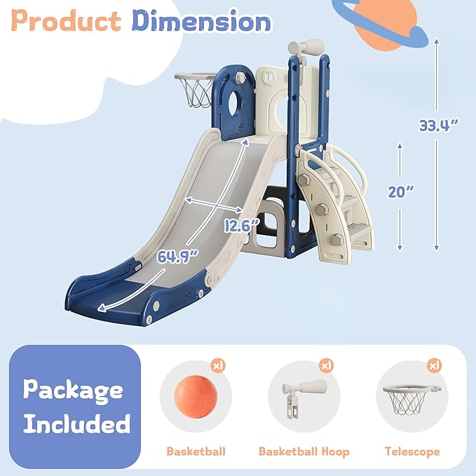 6 in 1 Toddler Slide, Kids Slider for 1-3, Indoor Outdoor Playset Playground with Basketball Hoop, Storage, Climber and Telescope, Great Gift for Baby & Child, Blue and White