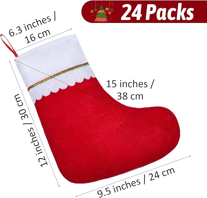 ANVAVO 24 Pack Christmas Stockings 15 Inch Red Felt Xmas Stockings Christmas Tree Hanging Ornaments for Xmas Wall Fireplace Door Window Decorations