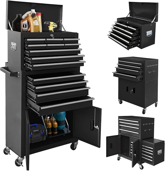13-Drawer Rolling Tool Chest with Double Doors, 2 in 1 Detachable Rolling Tool Chest with Drawers, Mobile Tool Cabinet Combo, Metal Large Lockable Tool Box for Garage Workshop (Black)