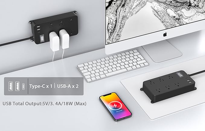 Outdoor Power Strip Weatherproof,20W USB C Port,Waterproof Extension Cord Multiple Outlet Surge Protector,6 Outlets,3 USB Ports,6ft Cord