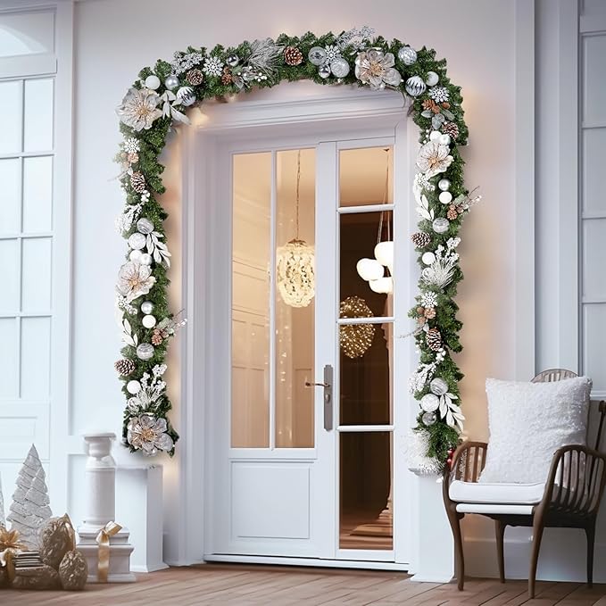 WBHome Pre-lit 6 Feet/72 Inch Christmas Garland, White & Silver Lighted Garland with 35 LED Lights for Indoor Outdoor Xmas Decor Holiday Decorations, Battery Operated (Batteries NOT Included)