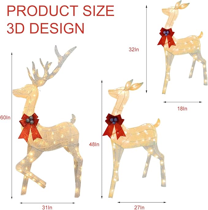 Outdoor Christmas Deer Decor 3-Piece Set, 5 FT Large Reindeer Family (Buck/Doe/Fawn) with 210 Warm White LEDs, Cotton Twine & Iron, Weatherproof Holiday Lights for Yard, Garden, Party, White