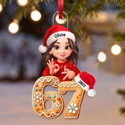 Paraeva Custom 67 Ornament 2025, Custom Name Funny Gen Z Meme Decoration, Viral Six Seven Christmas Ornament with Santa Hat, Acrylic Ornaments for Teens, Gifts for Christmas 3