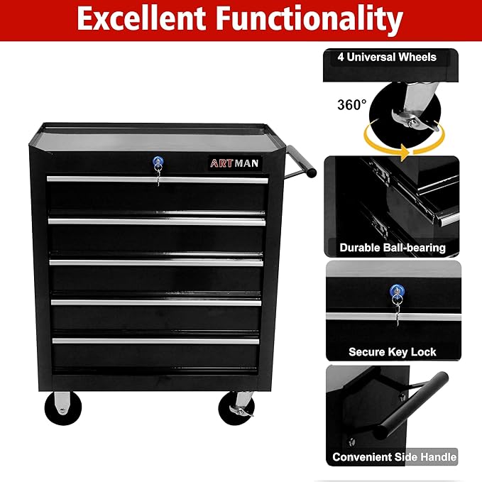 RYH 5Drawers Rolling Tool Chest & Tool Box on Wheels | Heavy Duty Metal Cart with Ball Bearing Drawers | Fits US General Tool Box for Garage Storage (Black, 5 Drawers£¨29.9 H ¡¿ 24.2 W ¡¿ 12.9 D)