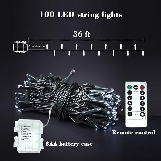 Battery Remote Control String Lights, Christmas Lights 100 LED Clear Mini Lights for Christmas Tree Wedding Indoor Outdoor Wreath Party Garden Thanksgiving Decoration, 36ft Waterproof