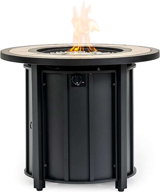30'' Marble Ceramic Round Propane Fire Pit Table, 50,000 BTU Gas FirePit for Outdoor, Fire Table with Lid, Warmth & Ambience to Gatherings and Parties On Patio Deck Garden Backyard, Black.