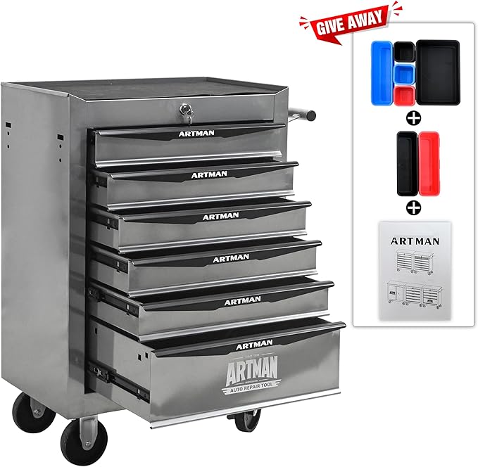 RYH 4-7 Drawers Rolling Tool Chest & Tool Box on Wheels | Heavy Duty Metal Cart with Ball Bearing Drawers | Fits US General Tool Box for Garage Storage (Silver, 6 Drawers£¨30.5 H ¡¿ 20.9 W ¡¿ 13 D)