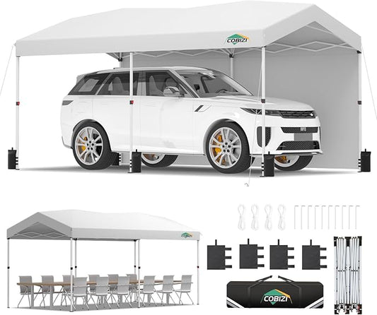 COBIZI 10x20 Pop Up Canopy with One Button Push Center Lock,Ez Up Portable Carport with 2 sidewalls,Waterproof UV50+ Outdoor Party Commercial Carport Canopy Gazebos with Carry Bag(10 x 20 ft White)