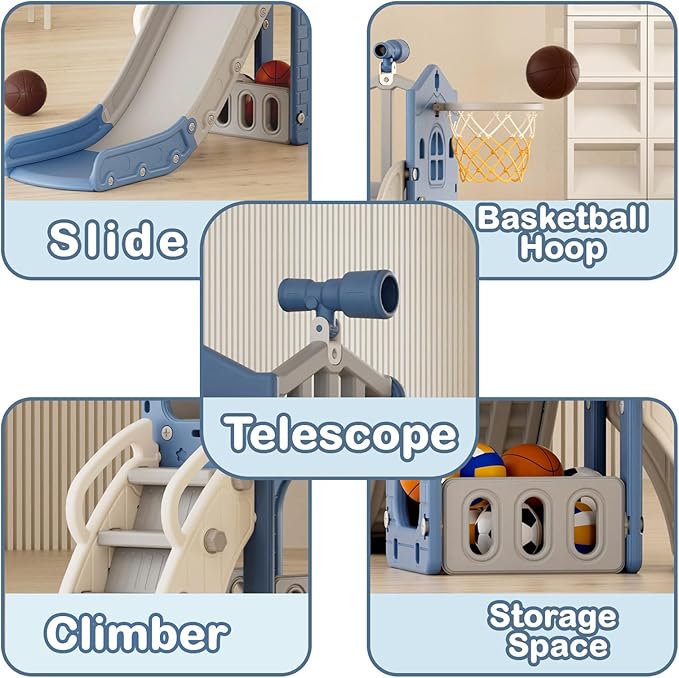 XJD 5 in 1 Toddler Slide, Kids Slide for Toddlers Age 1-3, Outdoor Indoor Playset for Toddlers with Basketball Hoop and Ball, Storage Space Birthday Gifts for Toddler (Blue)