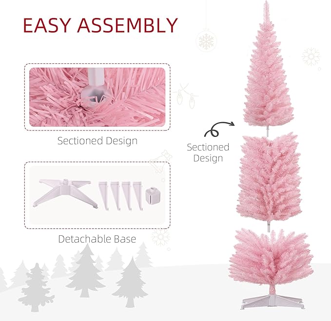 HOMCOM 8' Artificial Pencil Christmas Tree, Slim Xmas Tree with 618 Realistic Branch Tips and Plastic Stand, Pink
