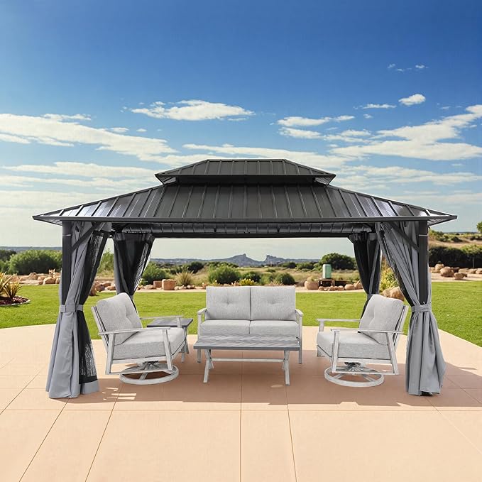 12' x 16' Hardtop Gazebo, Outdoor Patio Gazebo, Aluminum Frame Patio Hardtop Gazebos with Netting and Curtain, Outdoor Patio Pergola with Double Steel Roofs for Deck, Lawns, Garden, Slate Gray