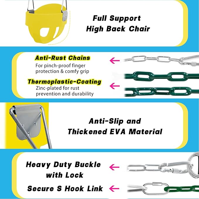 Toddler Swing Set for Outside - High Back Full Bucket Seat with 4 Hanging Straps and Hooks for Kids, Infants, Baby - Outdoor Tree Swing
