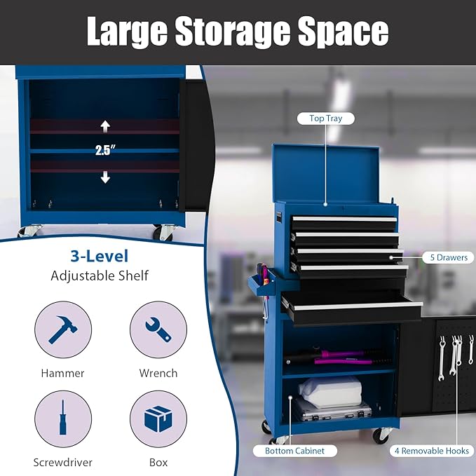 IRONMAX Rolling Tool Chest, 5-Drawer Lockable Tool Cabinet w/Adjustable Shelf & 4 Universal Wheels, 2 in 1 Detachable Tool Box Storage Organizer for Garage Workshop Repair Shop, Blue