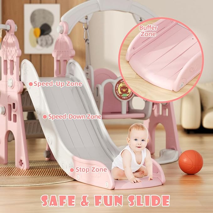 KORIMEFA 4-in-1 Kids Slide and Swing Set, Toddler Slide with Basketball Hoop, Swing, Outdoor Indoor Playground for Toddlers 1-3 (4 in 1-Pink)