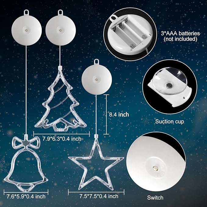 3Pack Christmas Window Lights Decorations with Timer, Battery Powered Multicolor LED Sucker for Xmas Tree Fireplace Indoor Decor