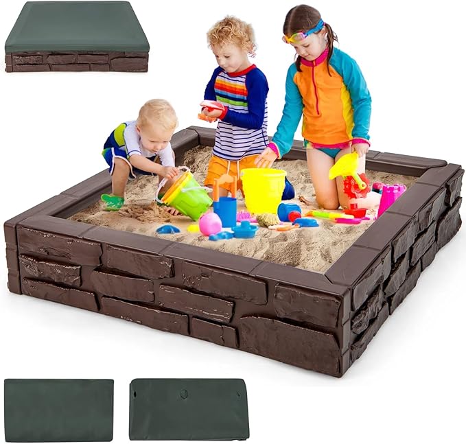 HONEY JOY Sandbox with Cover, 47 x 47 Inch Square Sand Pit for Backyard, Bottom Drainage Oxford Liner, HDPE Playful All Weather Resistant Sand Boxes for Kids Outdoor with Lid (Brown)