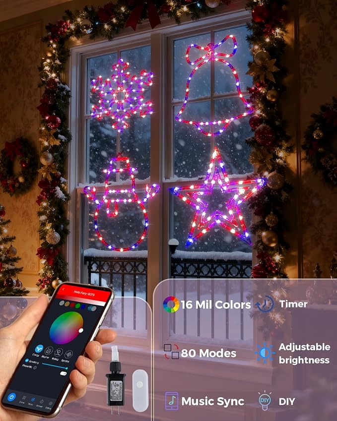 15'' Smart Christmas Window Lights 4 Pack, Color Changing Window Silhouette Lights, Timer, App Control, Music Sync, Bells, Snowflake, Star, Lighted Christmas Decorations for Indoor Outdoor