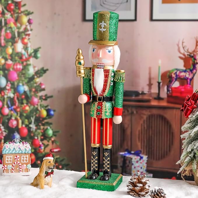 Christmas Nutcracker Decorations Nutcracker Figure 15 Inch Wooden Nutcrackers Collectible Ornament Nutcracker Soldier for Table Desktop Home Christmas Decor Xmas Indoor Decor Green
