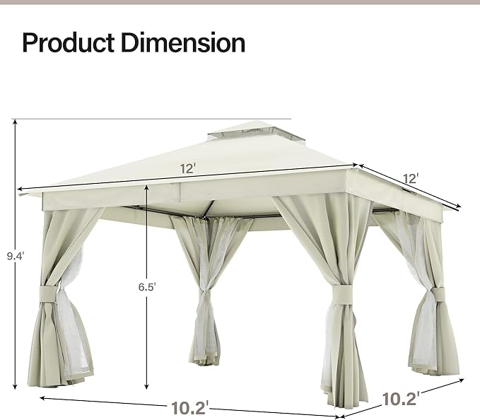 LAUSAINT HOME 12x12ft Outdoor Patio Gazebo with Double Roof, Heavy Duty Waterproof Gazebo Canopy Tent with Mosquito Netting for Backyard, Garden, Lawn & Wedding, Cream White