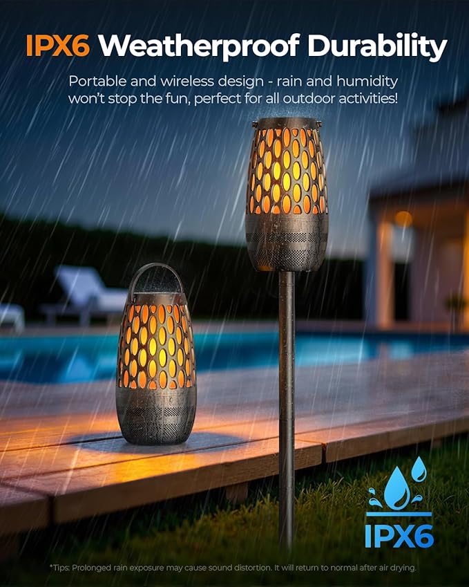 Outdoor Speakers Bluetooth Waterproof IPX6 with Flame Lights, Gadget Gifts for Dad, Hd Stereo Sound, BT 5.3 Multi-Sync to 100 Speakers, Portable Wireless Speaker for Patio Cafe Decor Party -1Pack