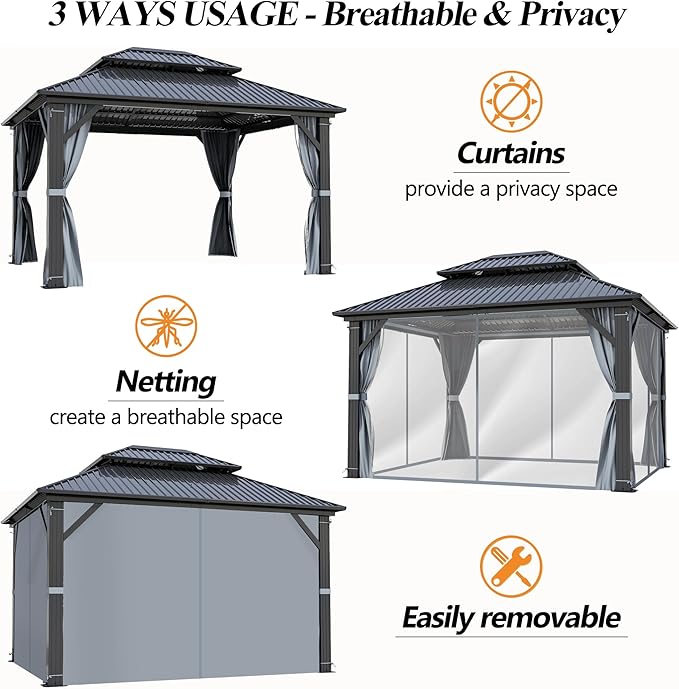 GARTOO 10'x12' Outdoor Hardtop Gazebo with Double Roof - Heavy-Duty Steel Top Aluminum Frame Gazebo with Breathable Netting & Privacy Curtain for Patio, Porch, Garden, Lawn, Deck, Backyard