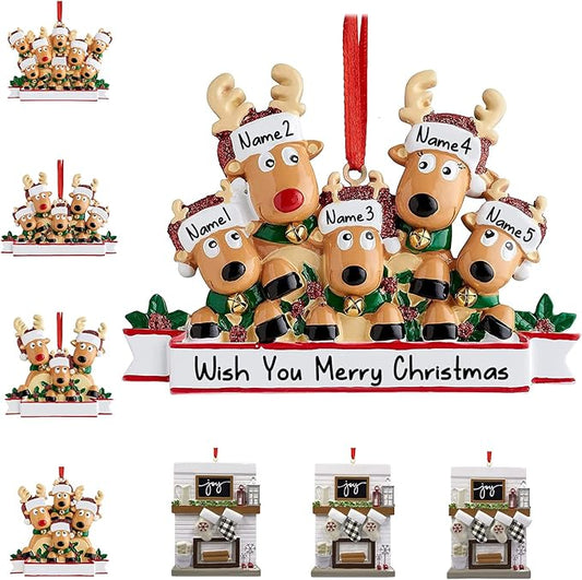 Personalized Christmas Ornaments 2023 Reindeer Family of 2/3/4/5/6/7/8 Deer Custom Christmas Ornaments with Names Customized New Year Keepsake Christmas Tree Decorations（Family of 5）